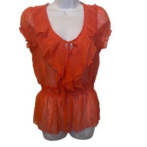 Poetry EUC Orange Sheer Swiss Dot Ruffle Tie Front Blouse Sz M